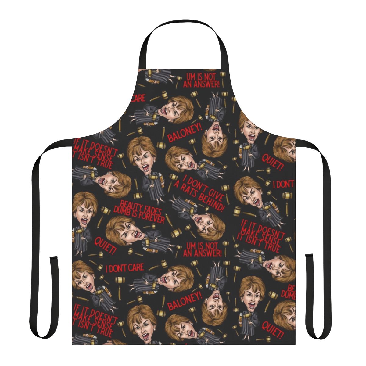 Black kitchen apron with a bold Judge Judy-inspired print design for fans of the iconic TV judge.