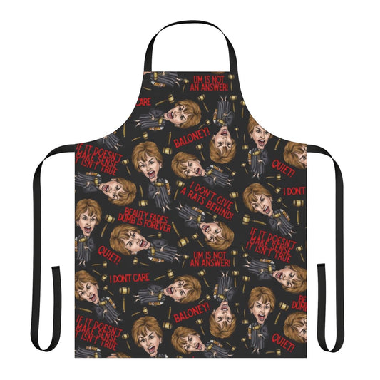 Black kitchen apron with a bold Judge Judy-inspired print design for fans of the iconic TV judge.