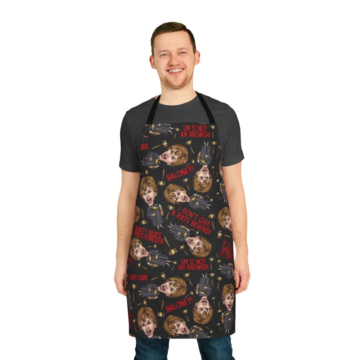 Black kitchen apron with a bold Judge Judy-inspired print design for fans of the iconic TV judge.