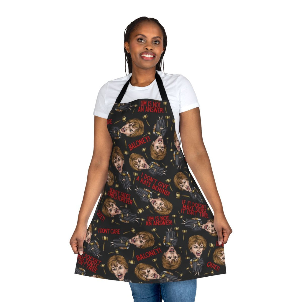 Black kitchen apron with a bold Judge Judy-inspired print design for fans of the iconic TV judge.