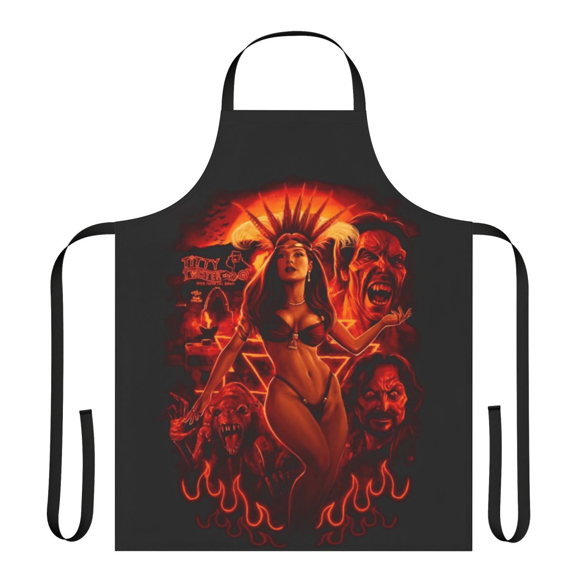 Satanico Pandemonium Horror Movie Apron featuring Salma Hayek's iconic character from the 1996 film "From Dusk Till Dawn"