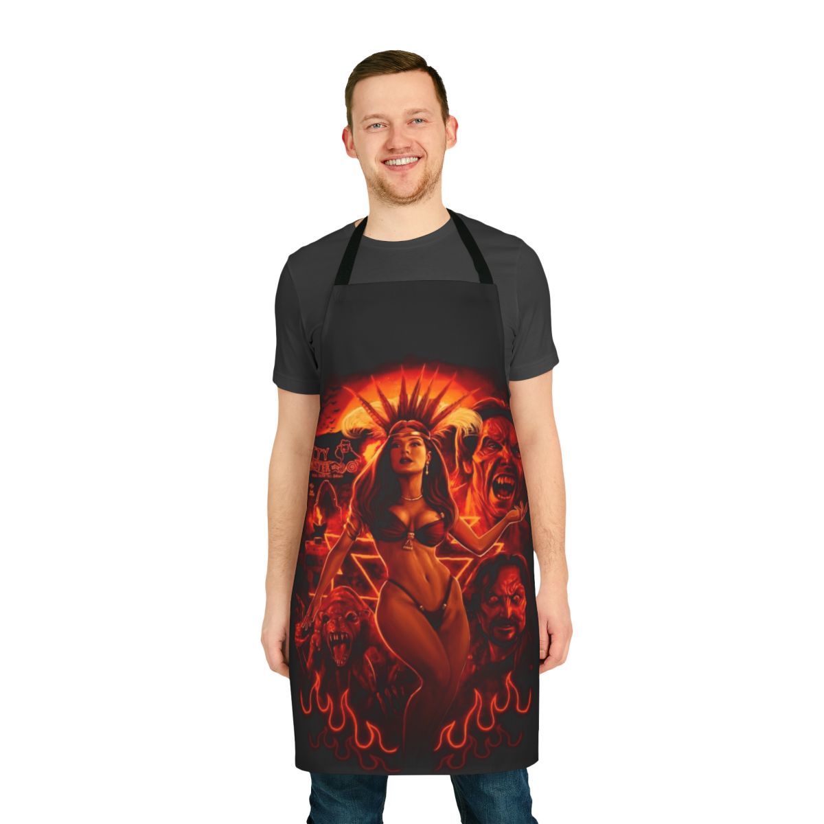 Satanico Pandemonium Horror Movie Apron featuring Salma Hayek's iconic character from the 1996 film "From Dusk Till Dawn"