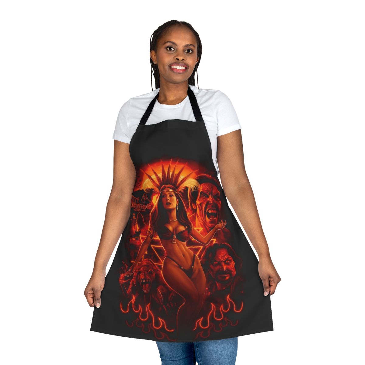 Satanico Pandemonium Horror Movie Apron featuring Salma Hayek's iconic character from the 1996 film "From Dusk Till Dawn"