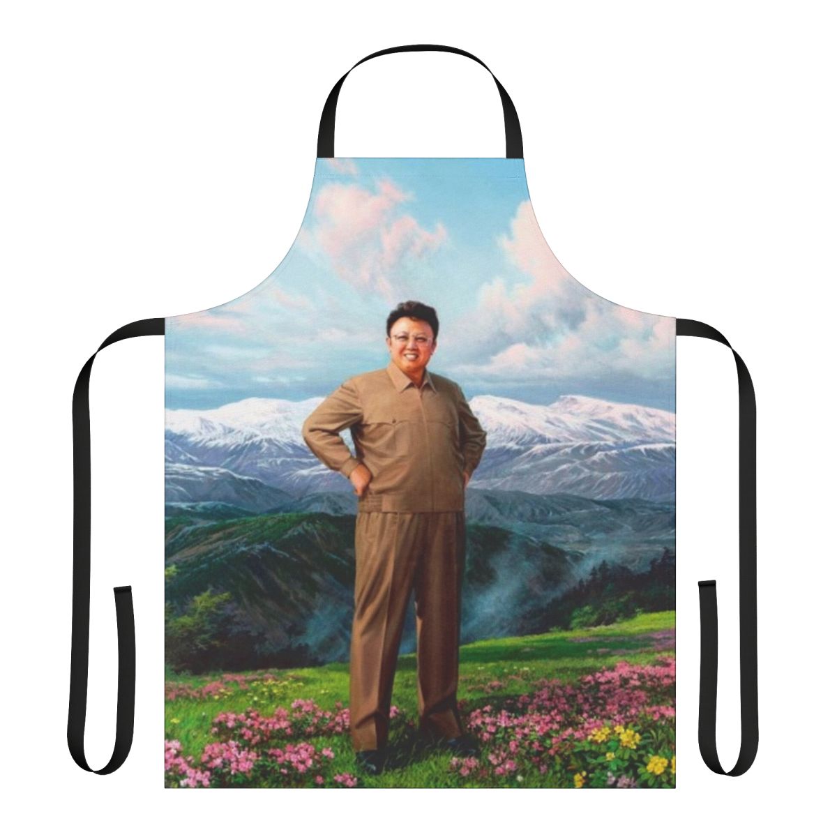 Satirical apron featuring a caricature of North Korean leader Kim Jong Il