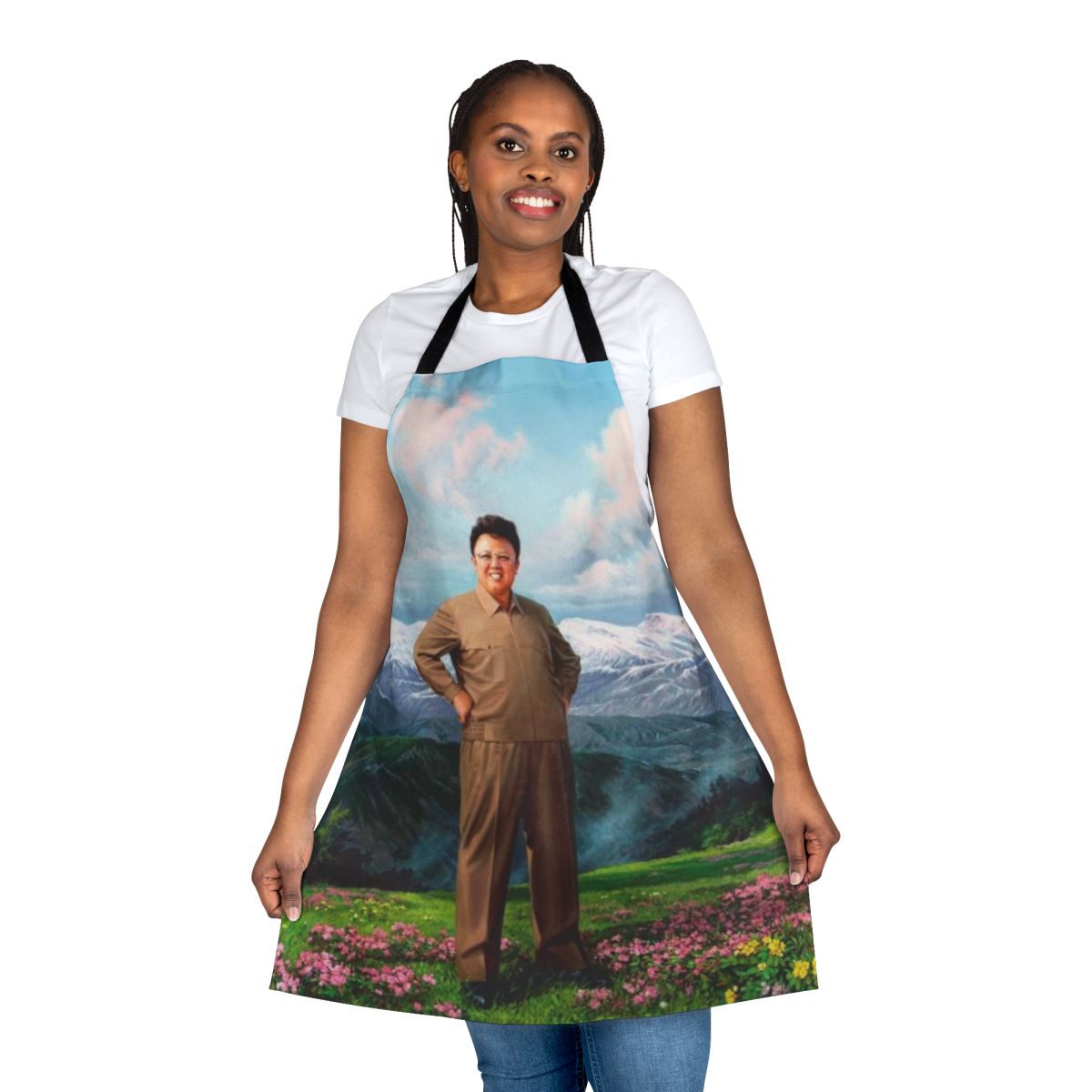 Satirical apron featuring a caricature of North Korean leader Kim Jong Il
