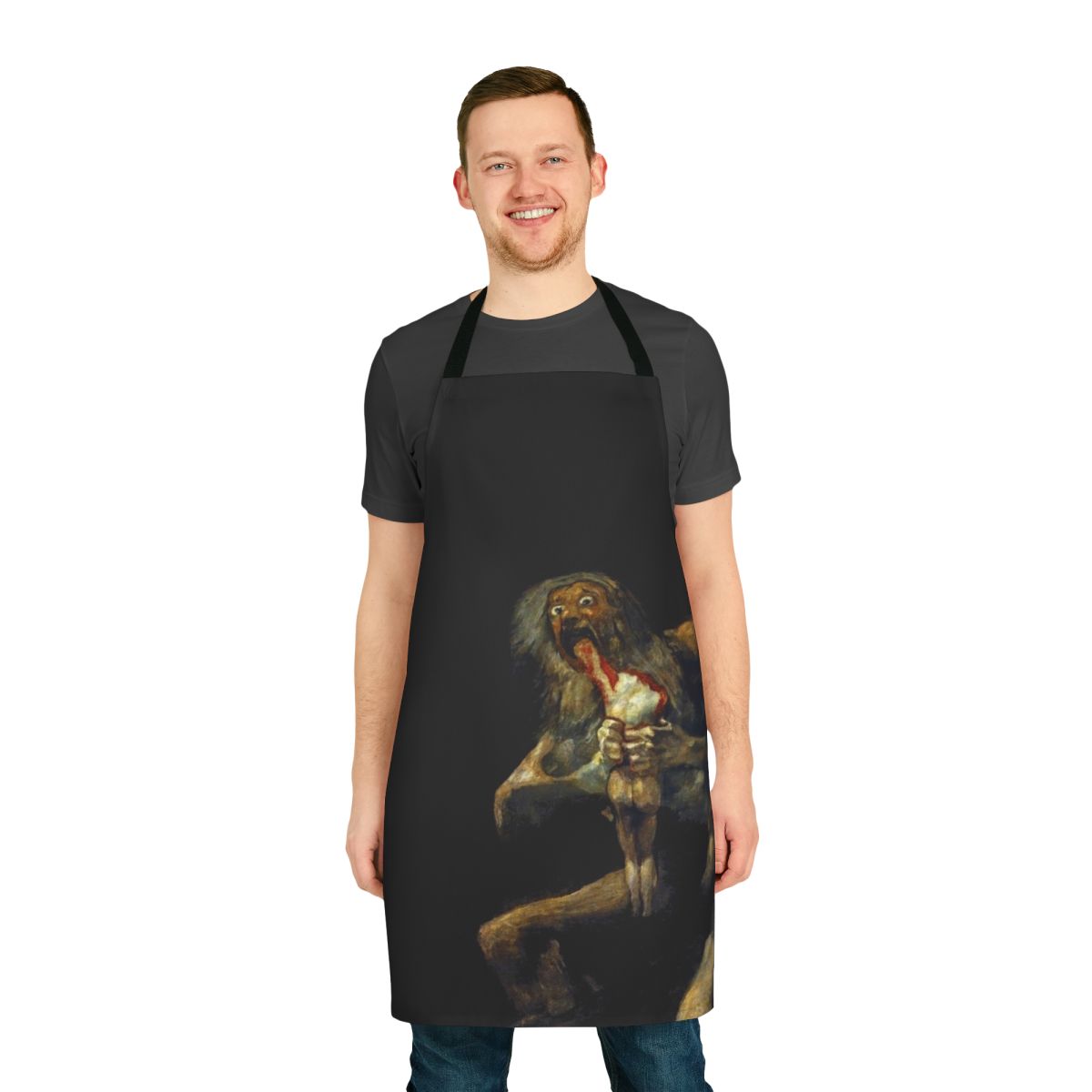 An apron featuring the iconic painting "Saturn Devouring His Son" by Francisco Goya