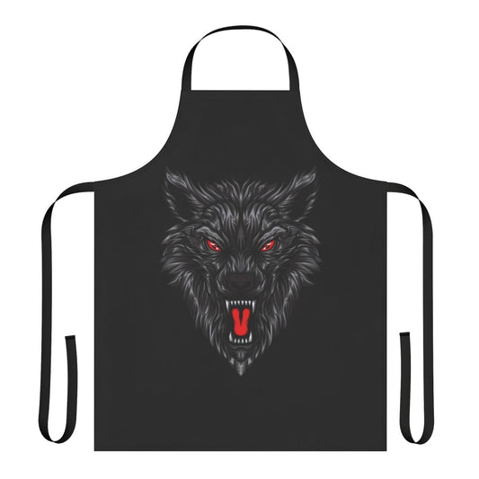 Black and white graphic of a fierce, savage wolf with red eyes on an apron