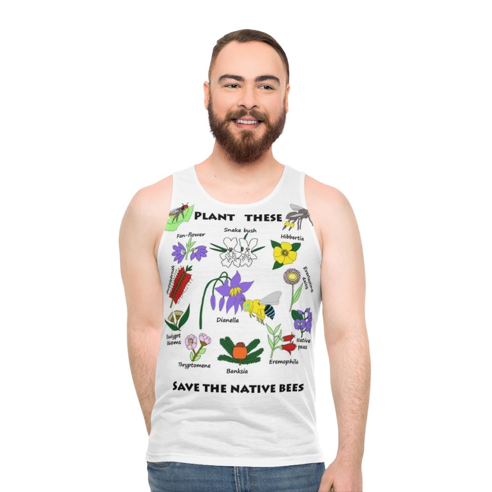 Unisex tank top with a "Plant These, Save the Native Bees" design