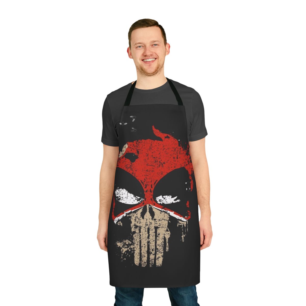 Deadpool-inspired kitchen apron with bold, comic-style design