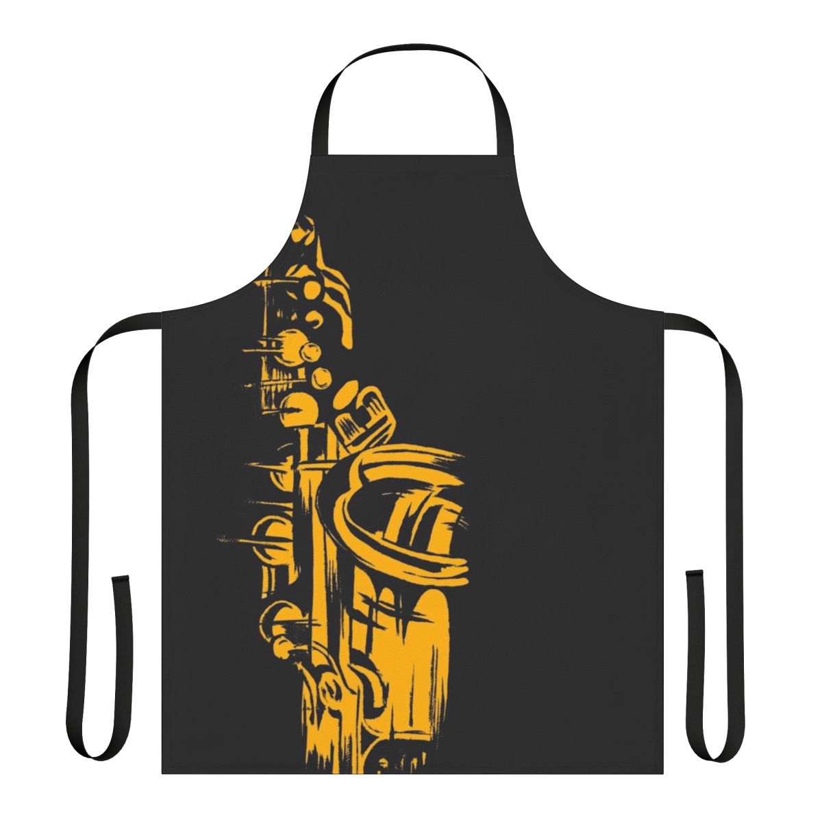 A stylish apron featuring a silhouette of a saxophone, perfect for music-loving chefs and home cooks.
