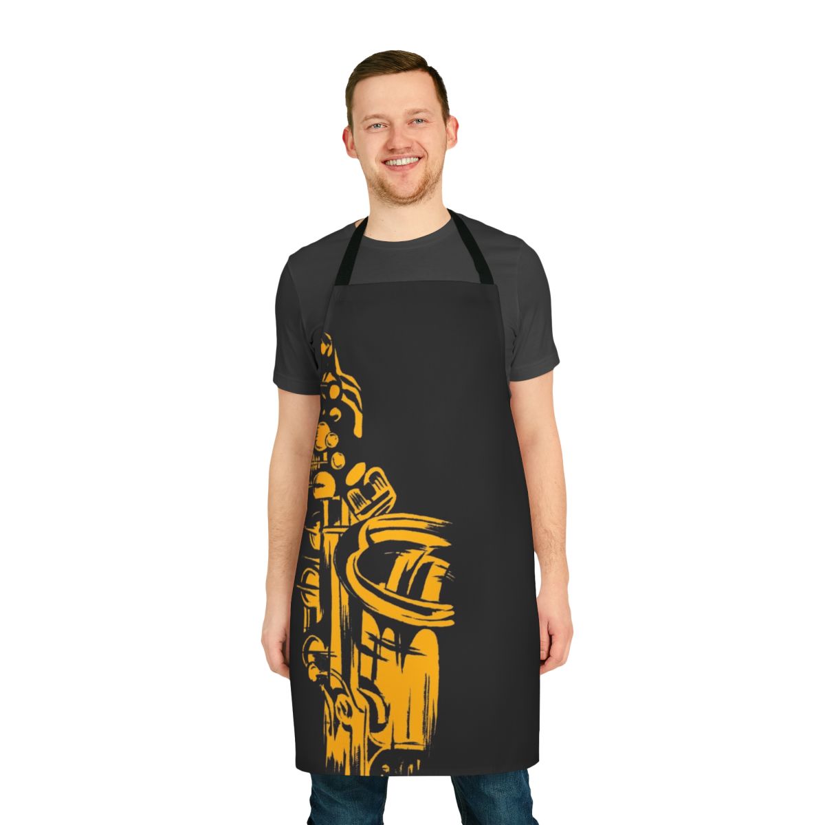 A stylish apron featuring a silhouette of a saxophone, perfect for music-loving chefs and home cooks.