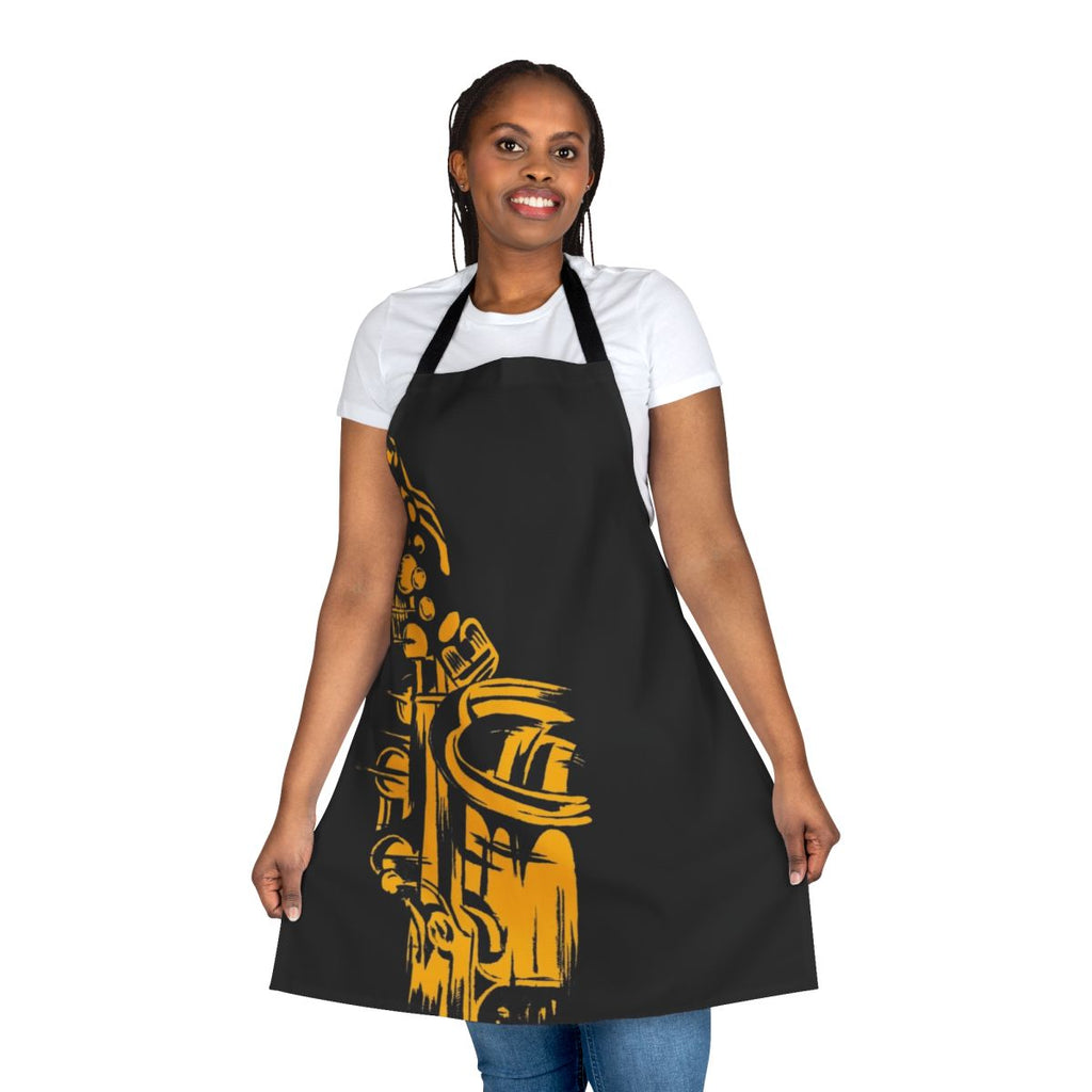 A stylish apron featuring a silhouette of a saxophone, perfect for music-loving chefs and home cooks.