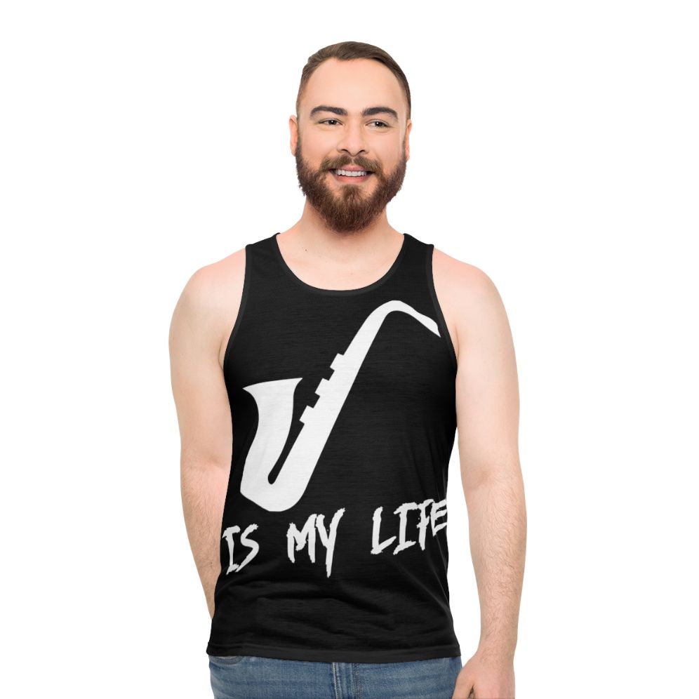 Unisex tank top with "Saxophone Is My Life" text