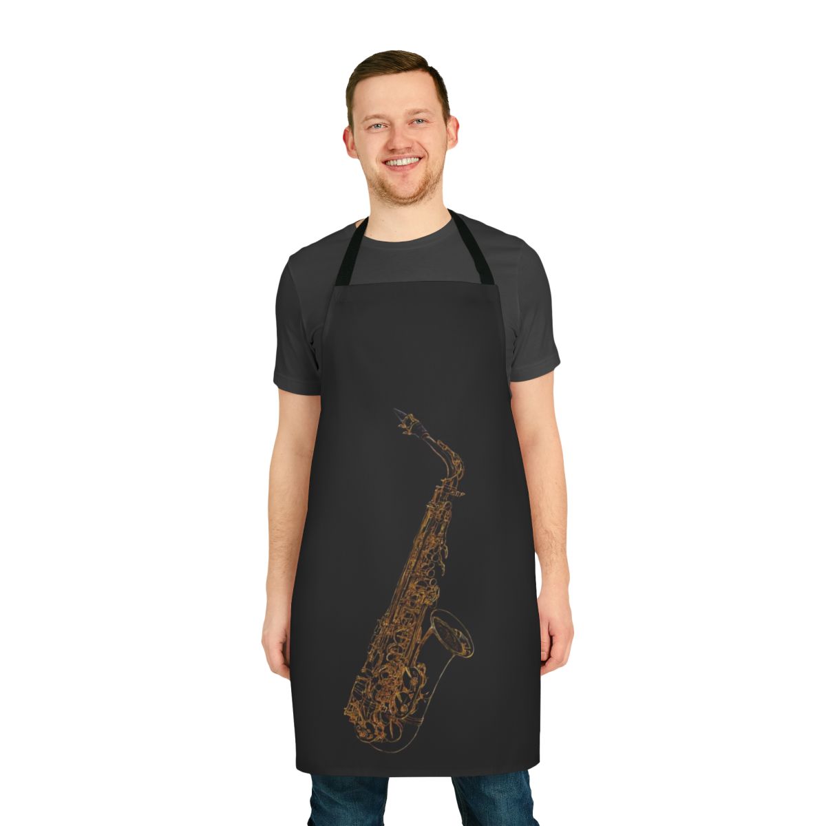 Saxophone jazz blues art design apron featuring a stylish musical instrument graphic.