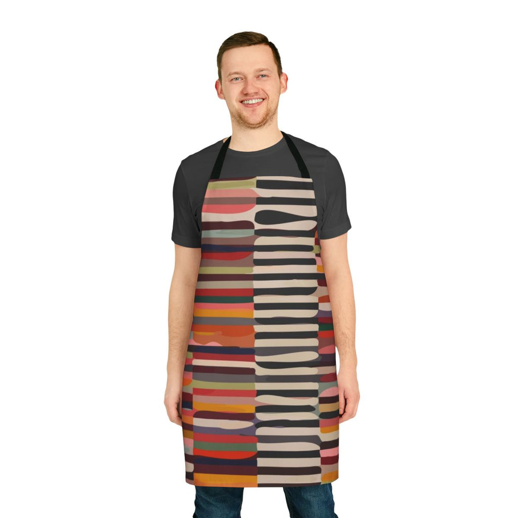 Ethnic Scandinavian pattern apron with modern, minimalist design in black, white, and geometric lines.