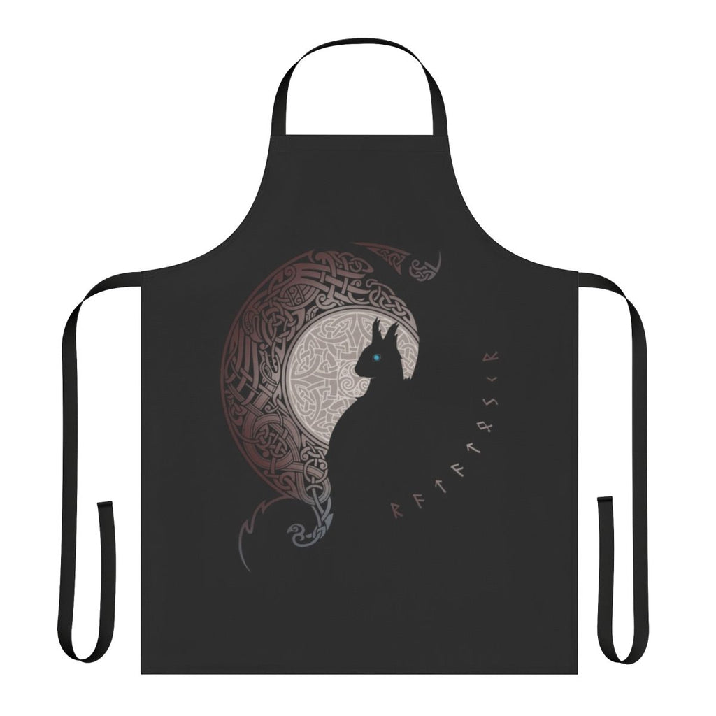 Apron featuring a silhouette design of the mythical Ratatoskr squirrel from Nordic mythology, surrounded by the tree of life, Yggdrasil, and other Scandinavian inspired elements.