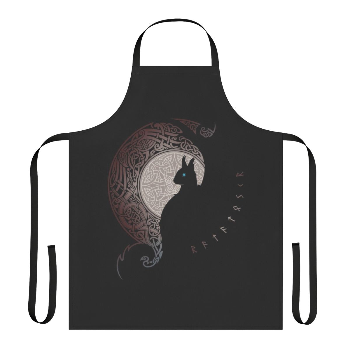 Apron featuring a silhouette design of the mythical Ratatoskr squirrel from Nordic mythology, surrounded by the tree of life, Yggdrasil, and other Scandinavian inspired elements.
