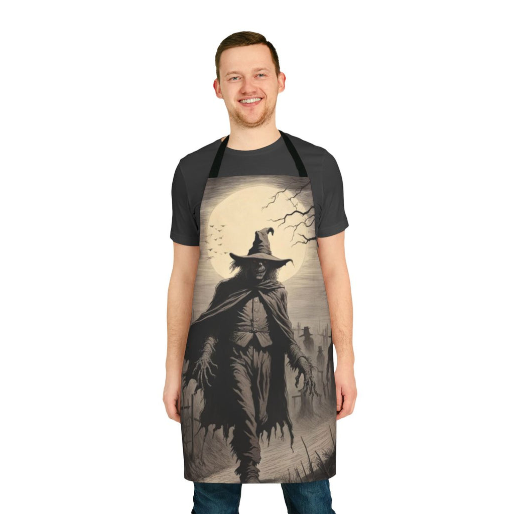 A spooky and mysterious scarecrow-themed apron for autumn and Halloween celebrations.
