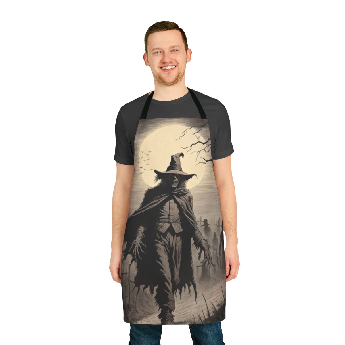 A spooky and mysterious scarecrow-themed apron for autumn and Halloween celebrations.