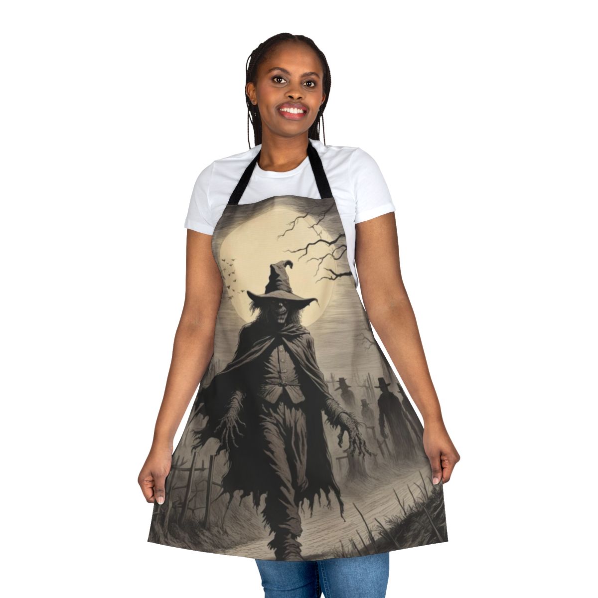 A spooky and mysterious scarecrow-themed apron for autumn and Halloween celebrations.
