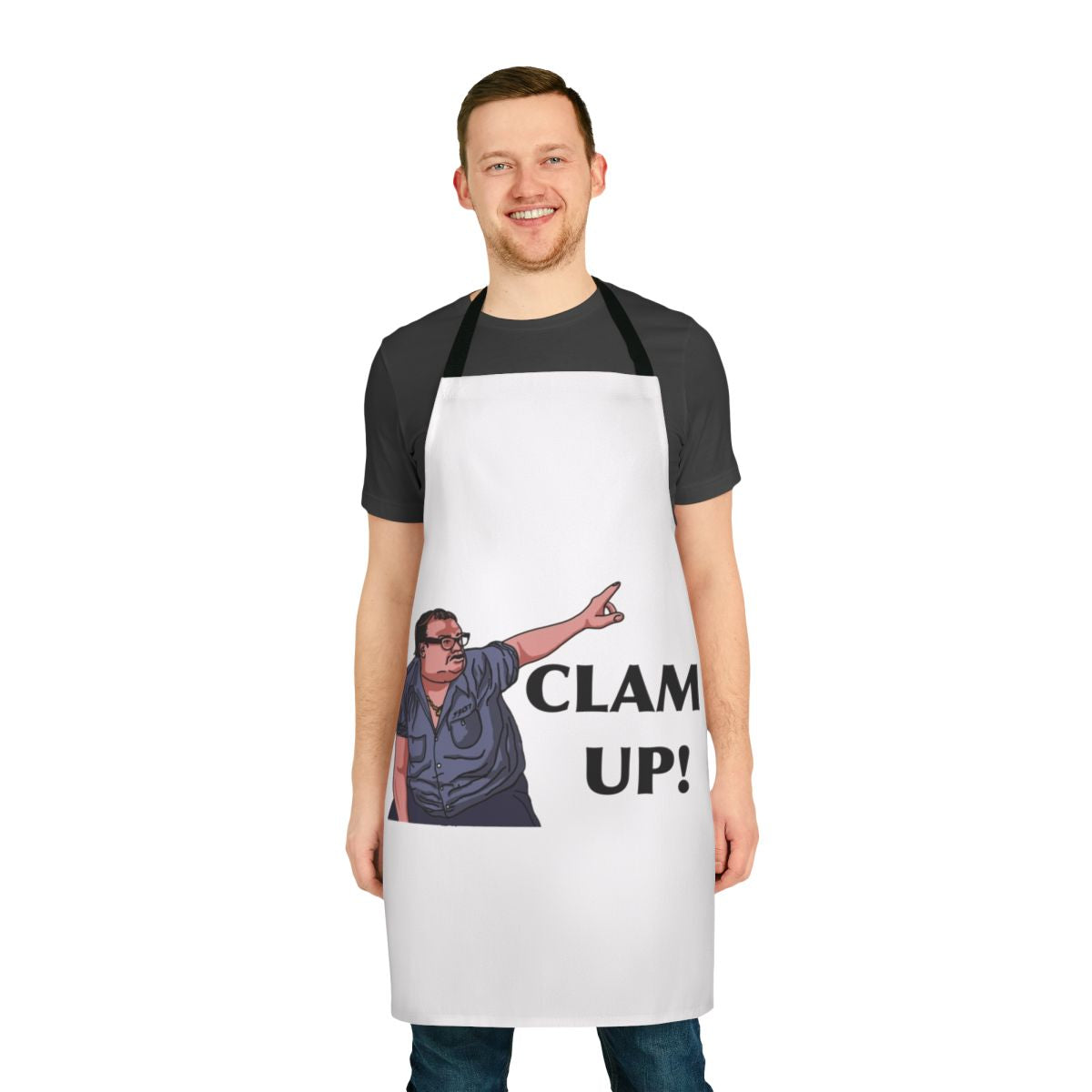 Scared Straight inspired Matt Foley novelty apron with "Clam Up" design