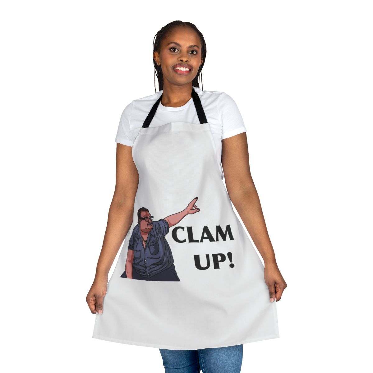 Scared Straight inspired Matt Foley novelty apron with "Clam Up" design