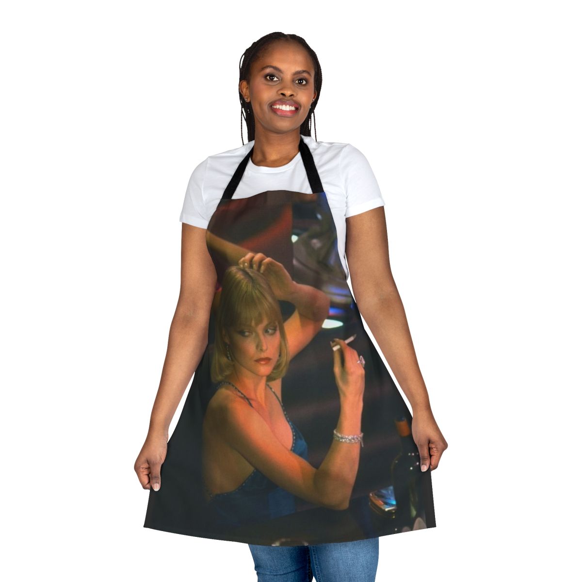 Scarface 1983 inspired Elvira Hancock apron featuring iconic imagery and quotes from the film
