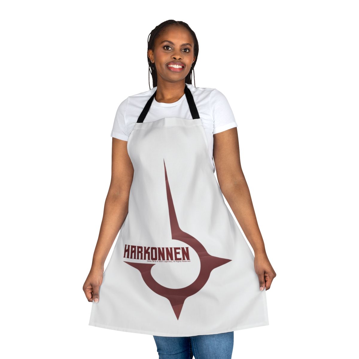 Scarlet apron with House Harkonnen design, a tribute to the Dune franchise