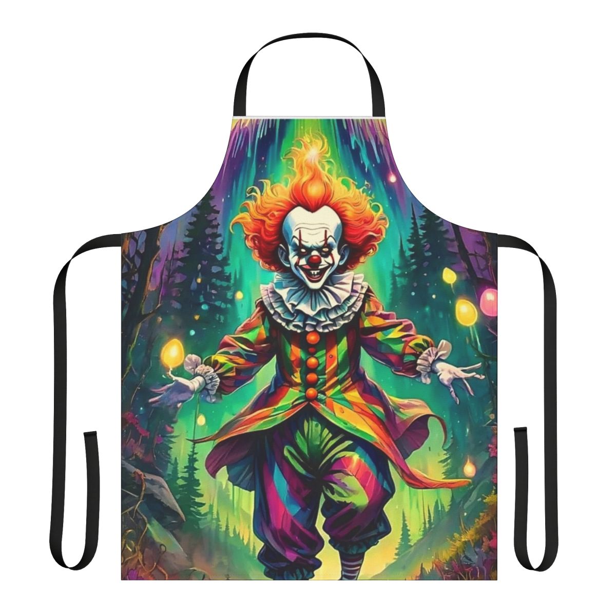 A black and white apron with a scary clown face design, perfect for Halloween parties and costume events.