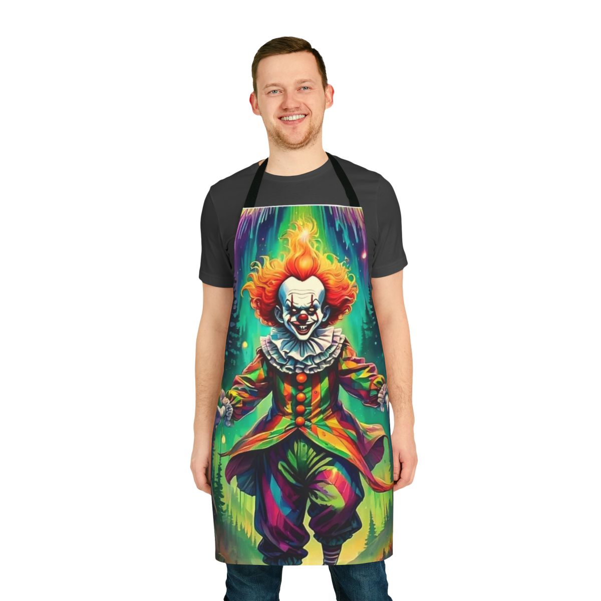 A black and white apron with a scary clown face design, perfect for Halloween parties and costume events.