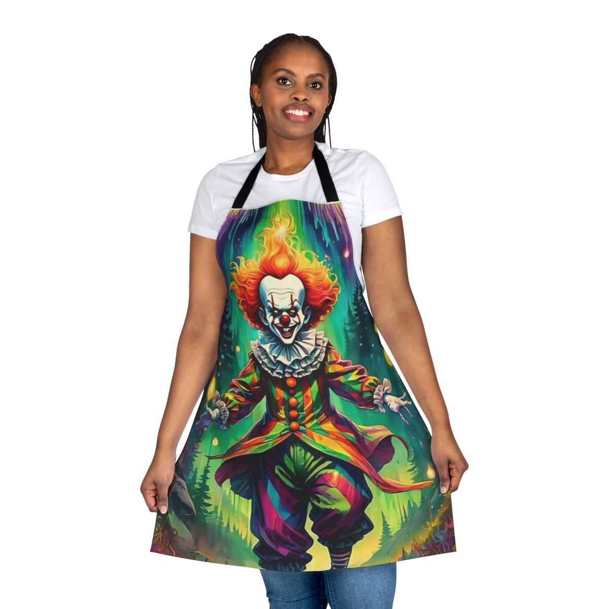 A black and white apron with a scary clown face design, perfect for Halloween parties and costume events.