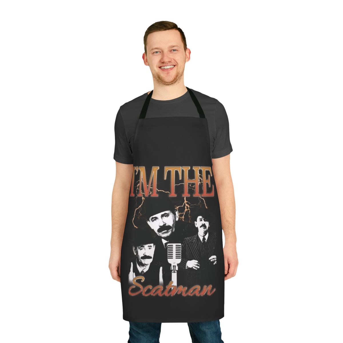 Scatman John inspired novelty apron with retro 90s rapper design