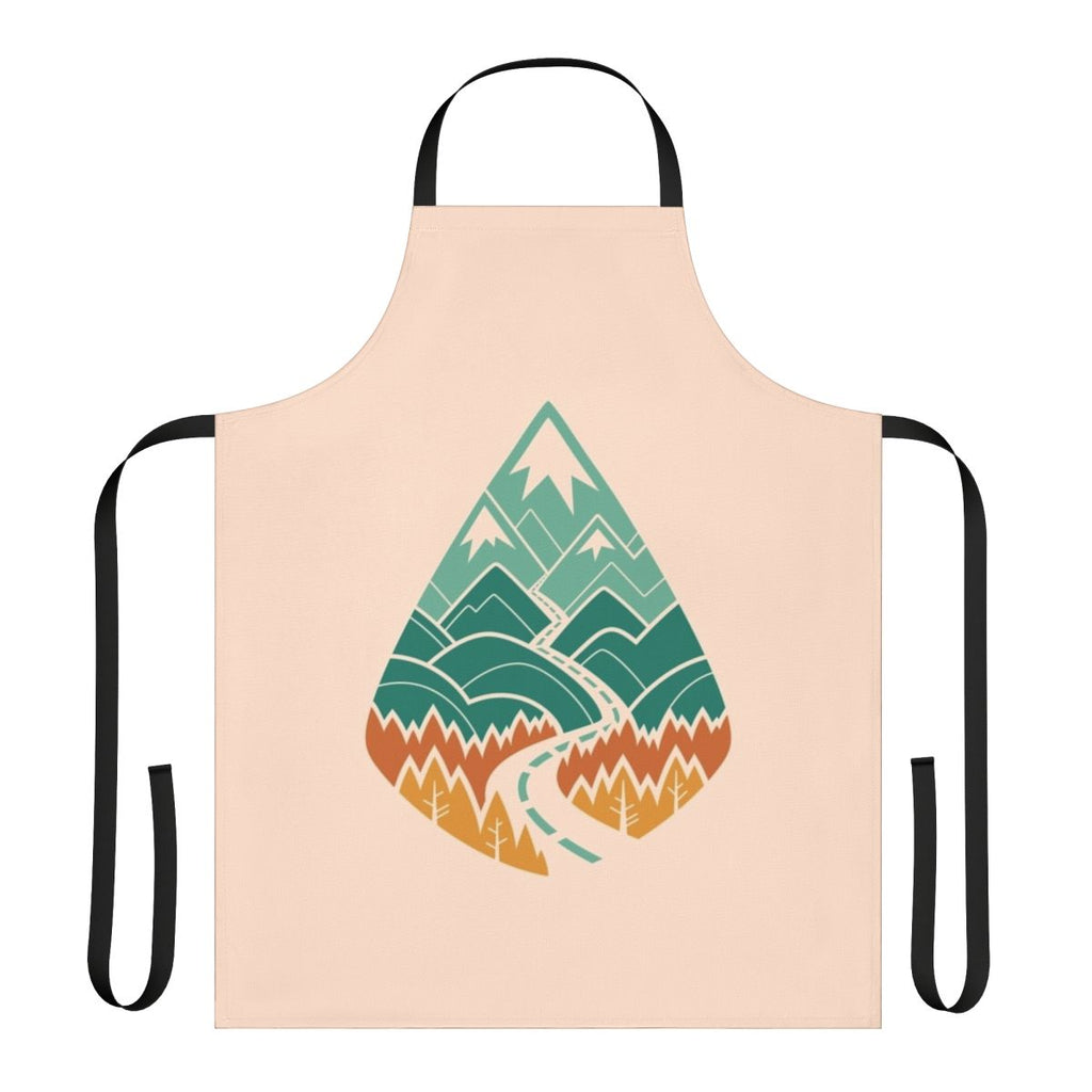 A vibrant apron featuring a scenic landscape of a winding mountain road through a lush forest.