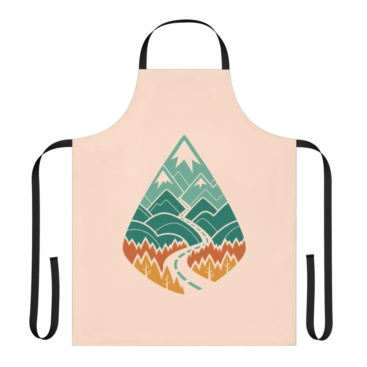 A vibrant apron featuring a scenic landscape of a winding mountain road through a lush forest.