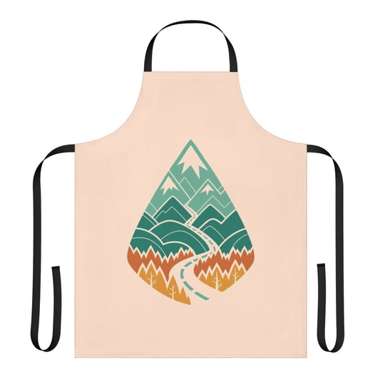 A vibrant apron featuring a scenic landscape of a winding mountain road through a lush forest.
