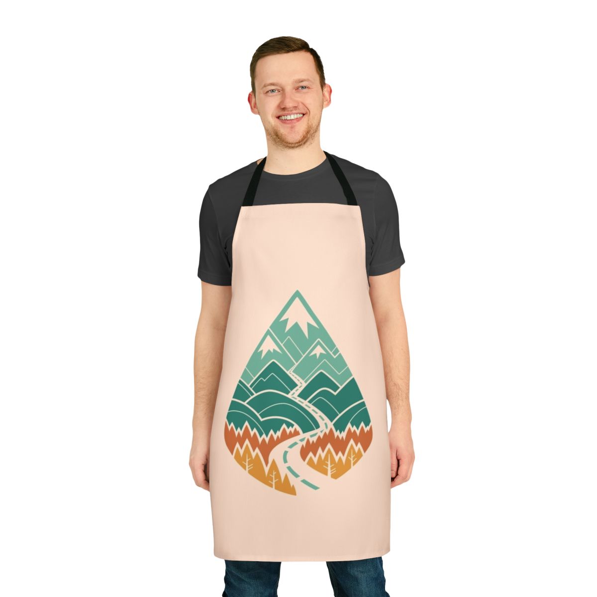 A vibrant apron featuring a scenic landscape of a winding mountain road through a lush forest.