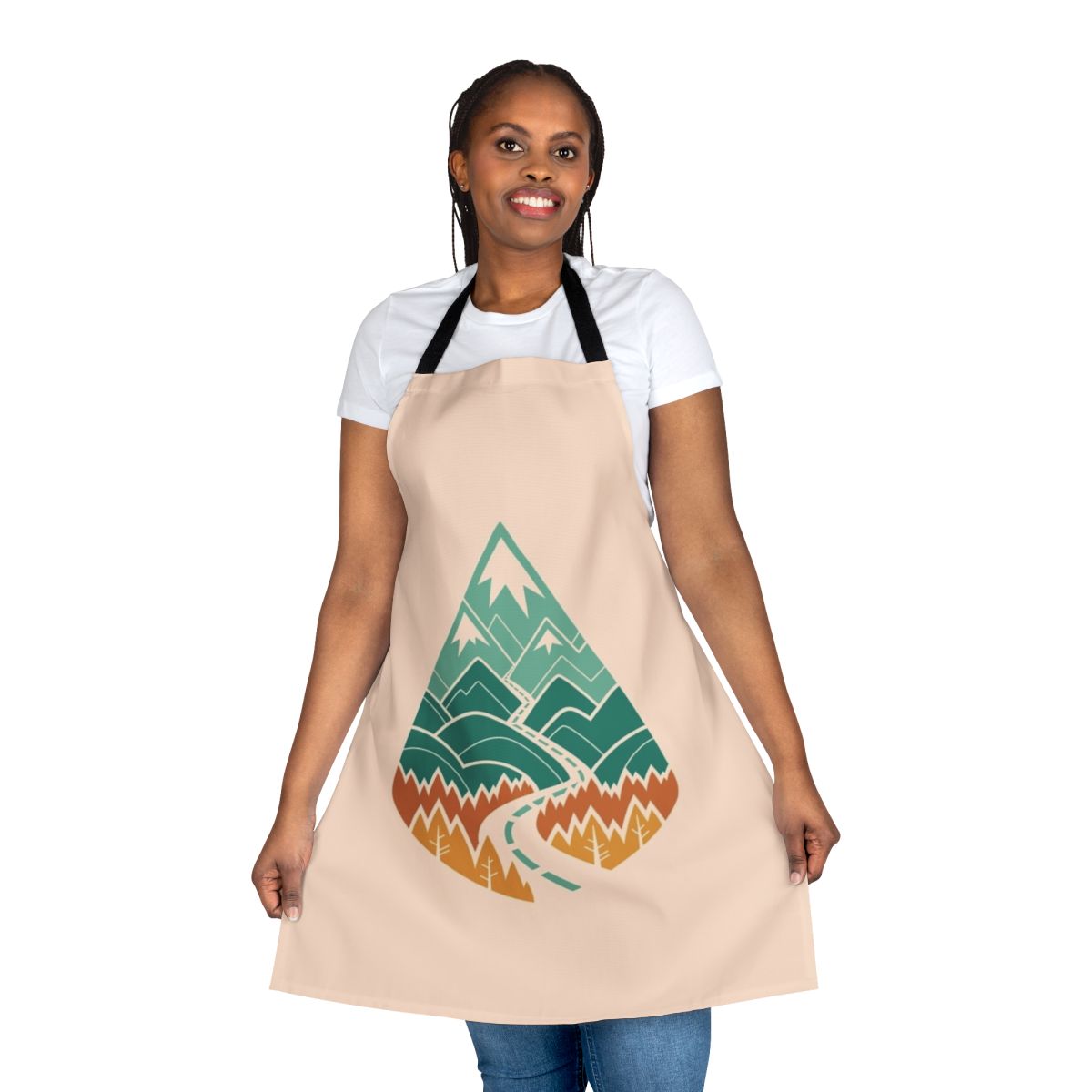 A vibrant apron featuring a scenic landscape of a winding mountain road through a lush forest.