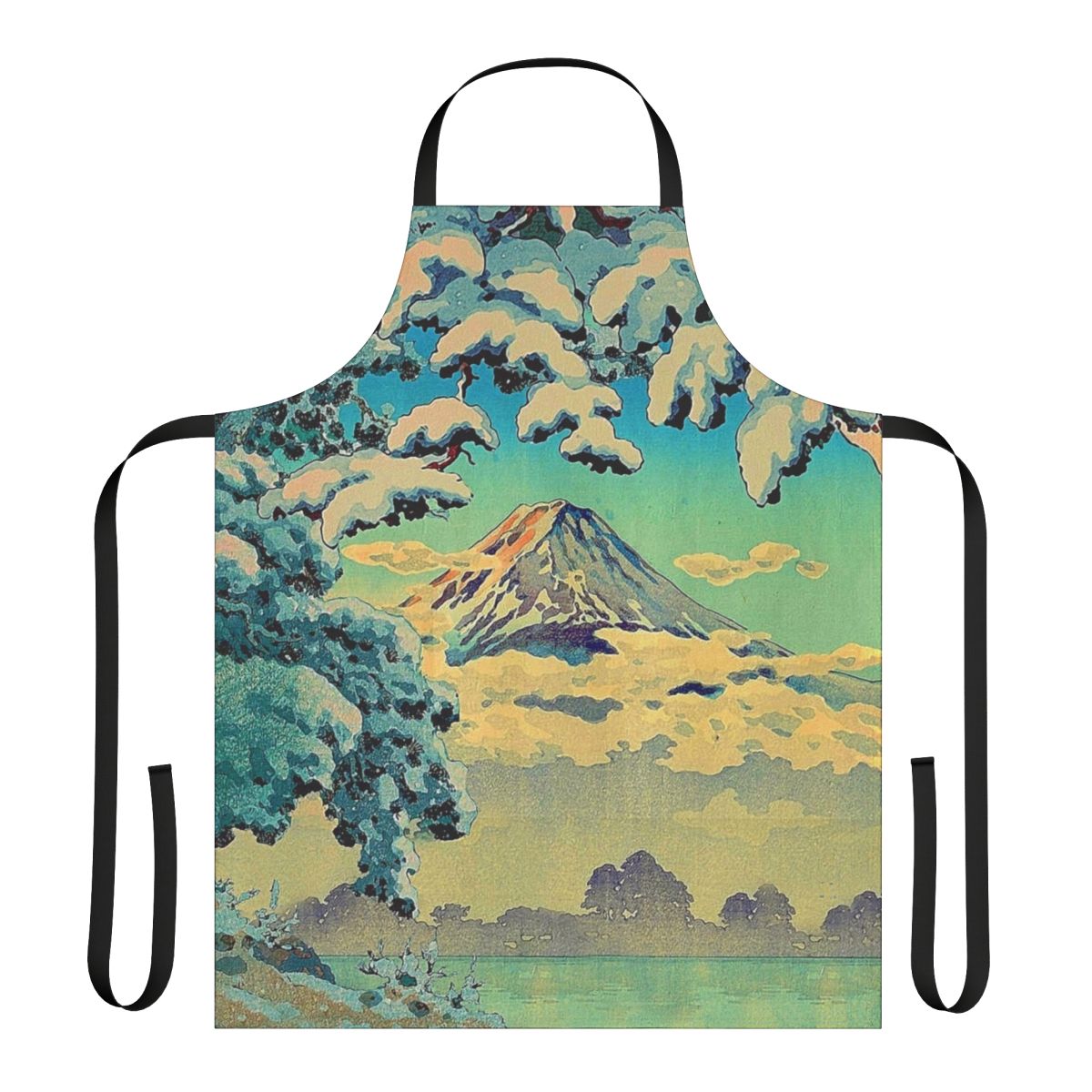 Apron featuring a nature landscape with mountains, a lake, and clouds in a vintage Japanese-inspired ukiyo-e style design.