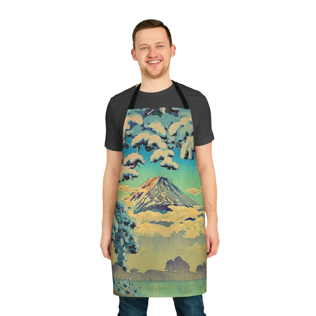 Apron featuring a nature landscape with mountains, a lake, and clouds in a vintage Japanese-inspired ukiyo-e style design.