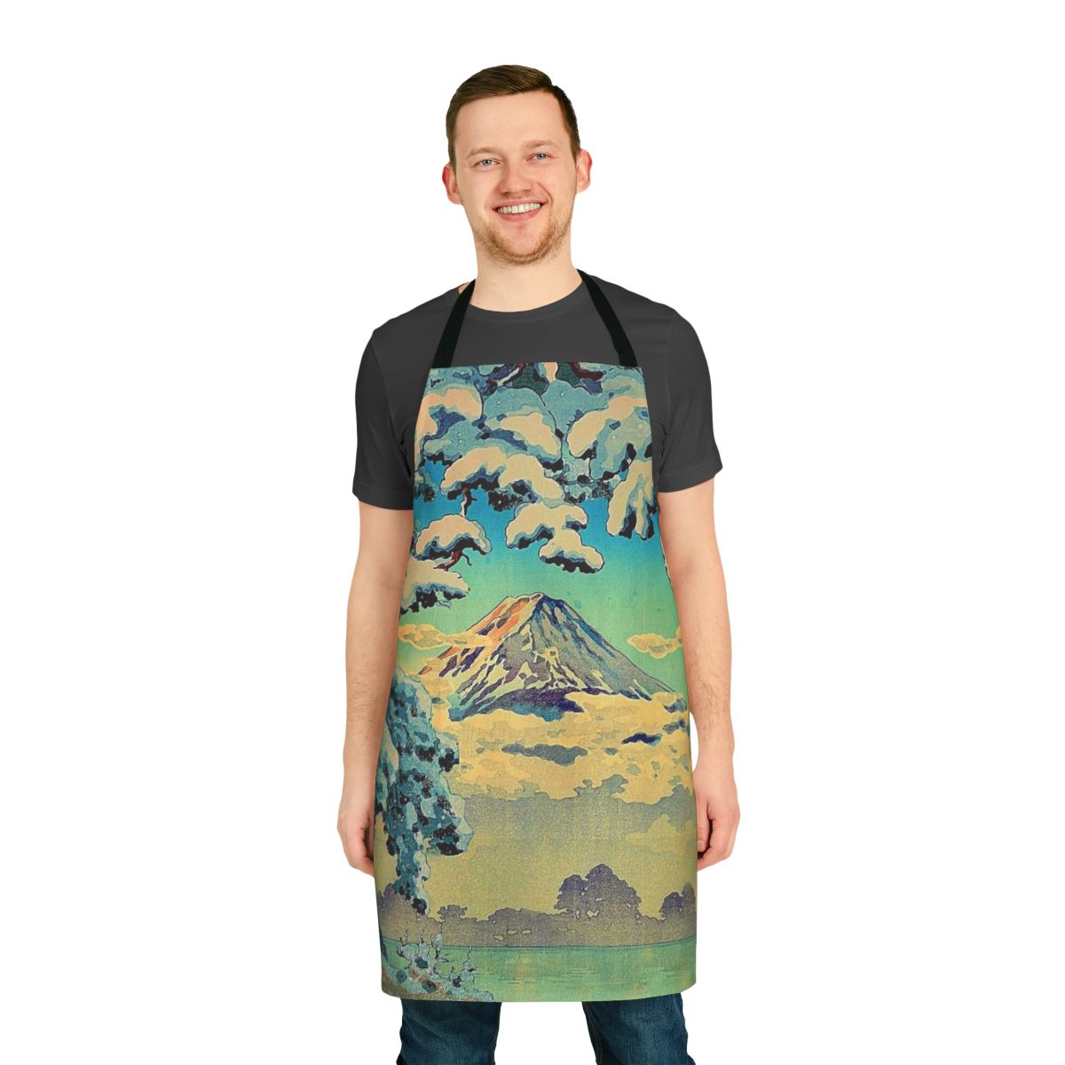 Apron featuring a nature landscape with mountains, a lake, and clouds in a vintage Japanese-inspired ukiyo-e style design.