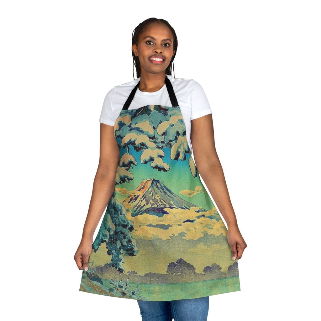 Apron featuring a nature landscape with mountains, a lake, and clouds in a vintage Japanese-inspired ukiyo-e style design.