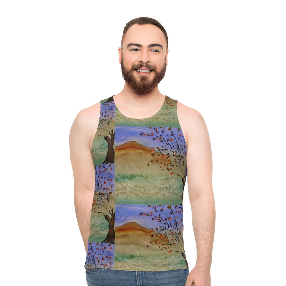 Windswept unisex tank top featuring a scenic landscape