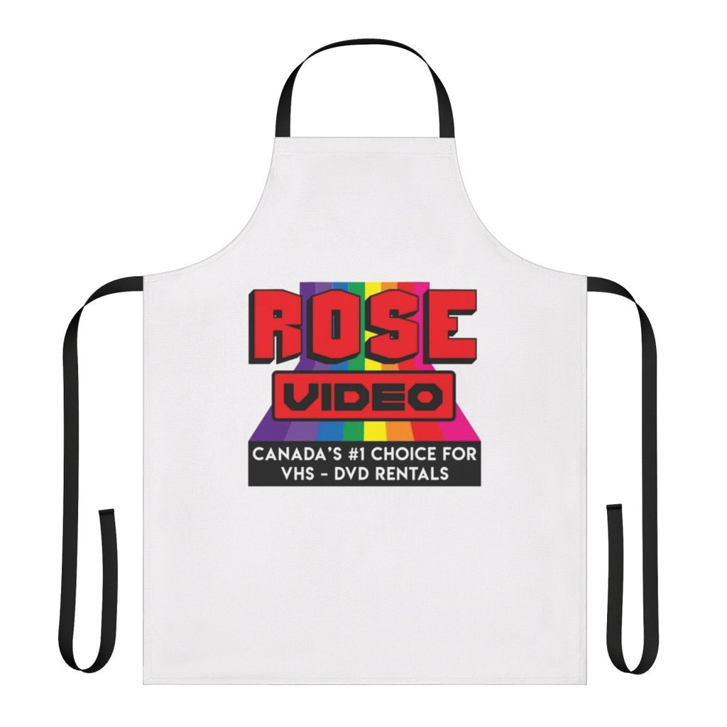 Schitt's Creek inspired apron with Rose family names and retro video store design