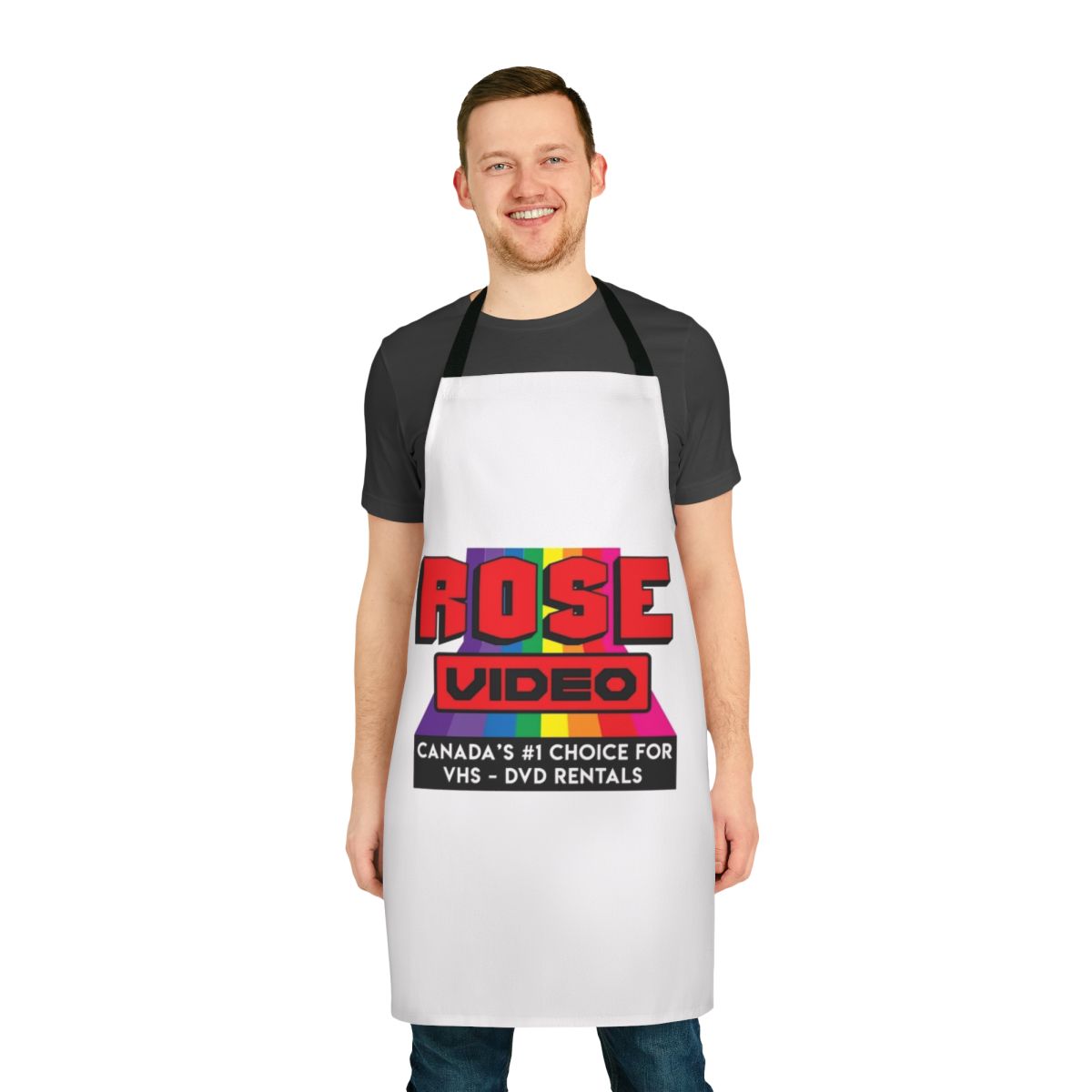 Schitt's Creek inspired apron with Rose family names and retro video store design