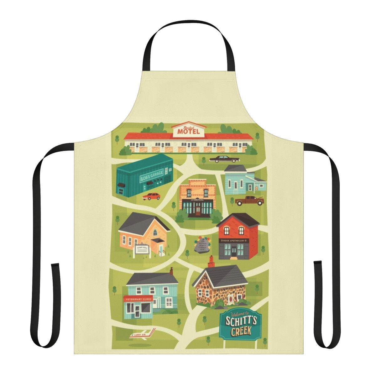 Schitt's Creek inspired town map design printed on a high-quality apron
