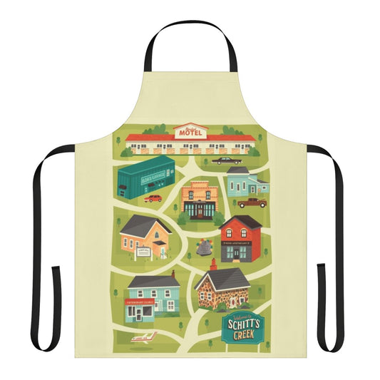 Schitt's Creek inspired town map design printed on a high-quality apron