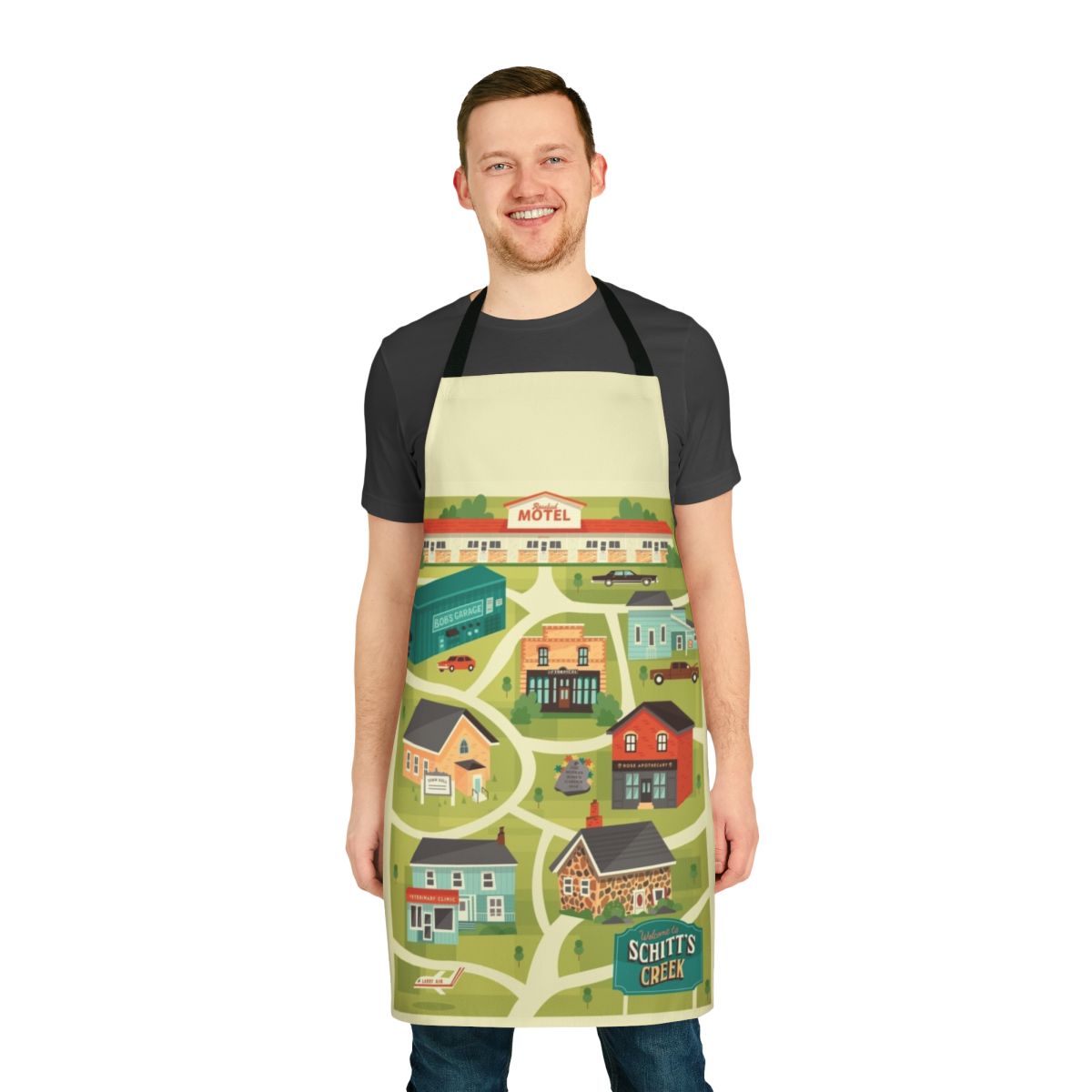 Schitt's Creek inspired town map design printed on a high-quality apron