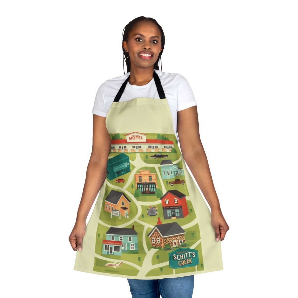 Schitt's Creek inspired town map design printed on a high-quality apron