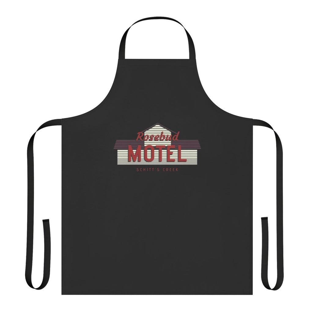 Stylized line art illustration of the Rosebud Motel from the TV show Schitt's Creek, featured on a high-quality apron.