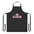 Stylized line art illustration of the Rosebud Motel from the TV show Schitt's Creek, featured on a high-quality apron.